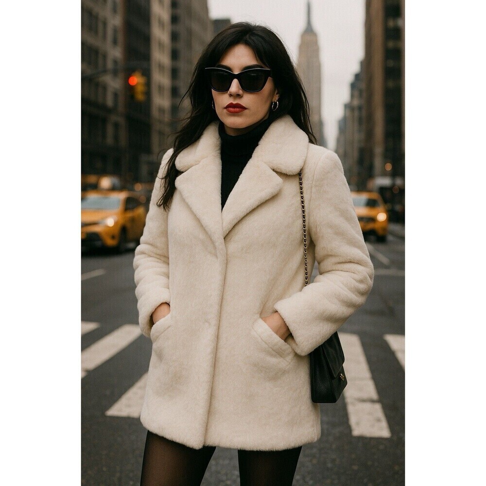 Time And Tru Large Ultra Soft Teddy Faux Fur Trench Coat Beige Cream Mob Wife